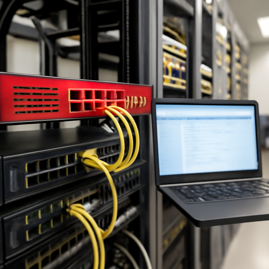 Network equipment and security appliances in a brightly-lit operations room with a management interface on a laptop screen.
