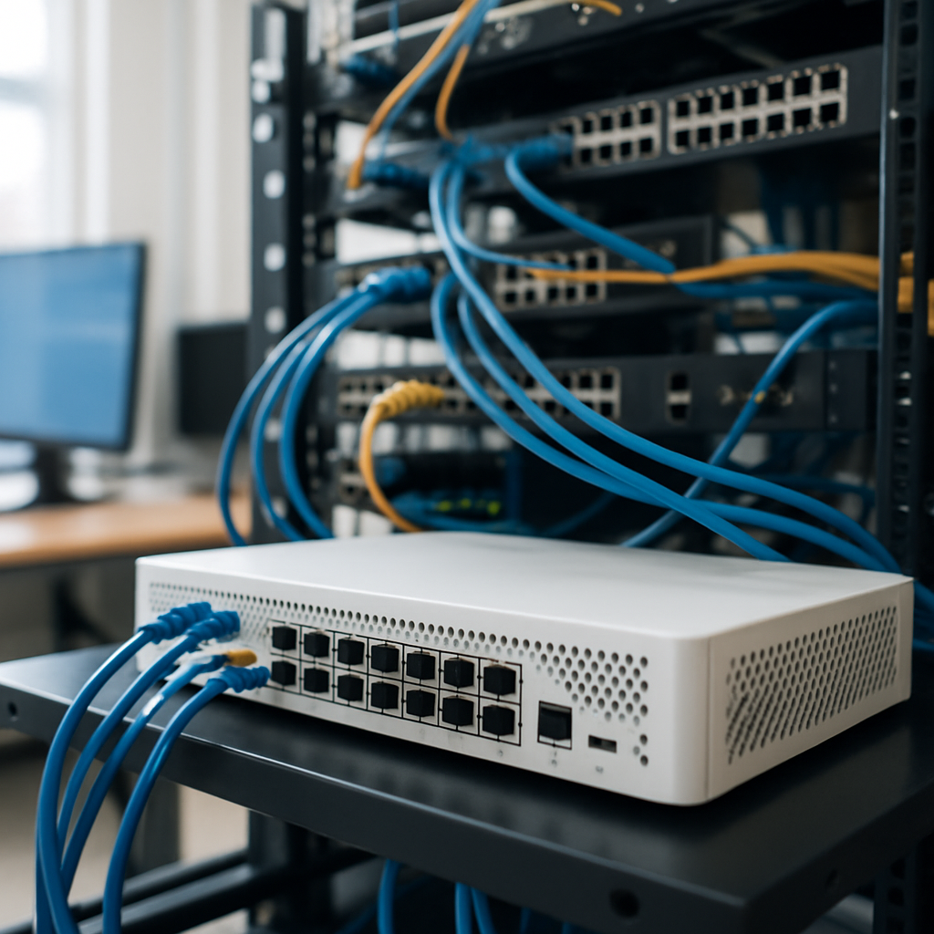 Brightly-lit network operations environment with a firewall on a rack amidst surrounding equipment.