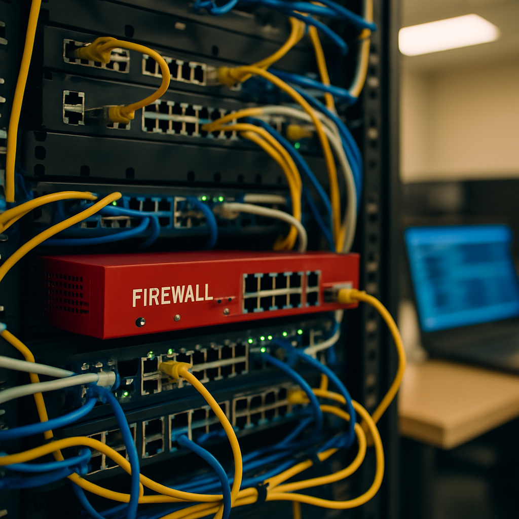 Network equipment and firewall device on a rack with cables, under ordinary lighting.