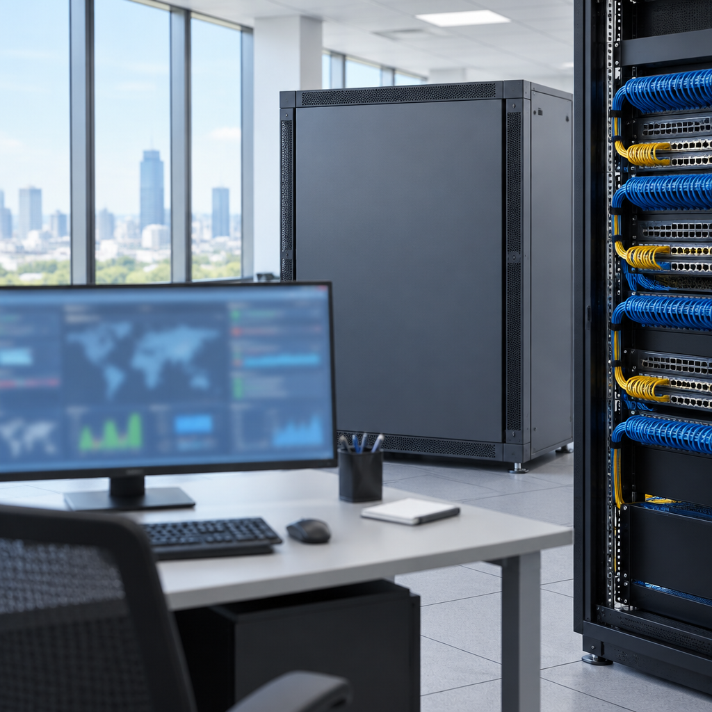 Network operations center with a workstation and large security appliance in the background.