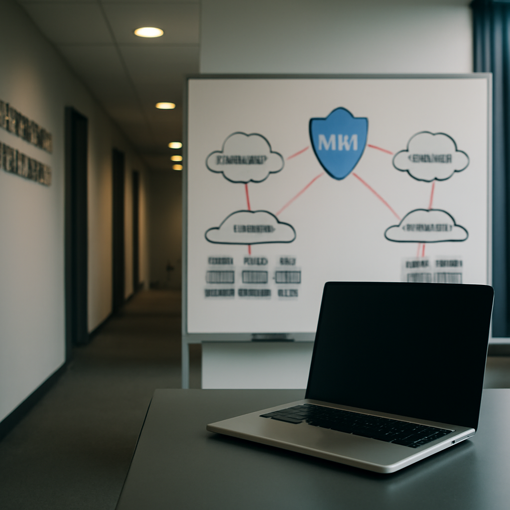 Network operations center with laptop, city view, and VPN diagram on whiteboard.