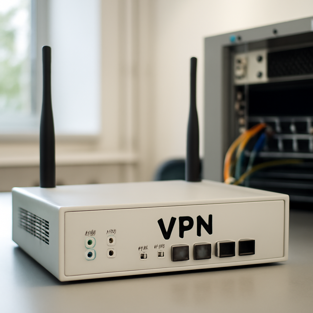Network equipment sits in a brightly-lit corporate office setting.