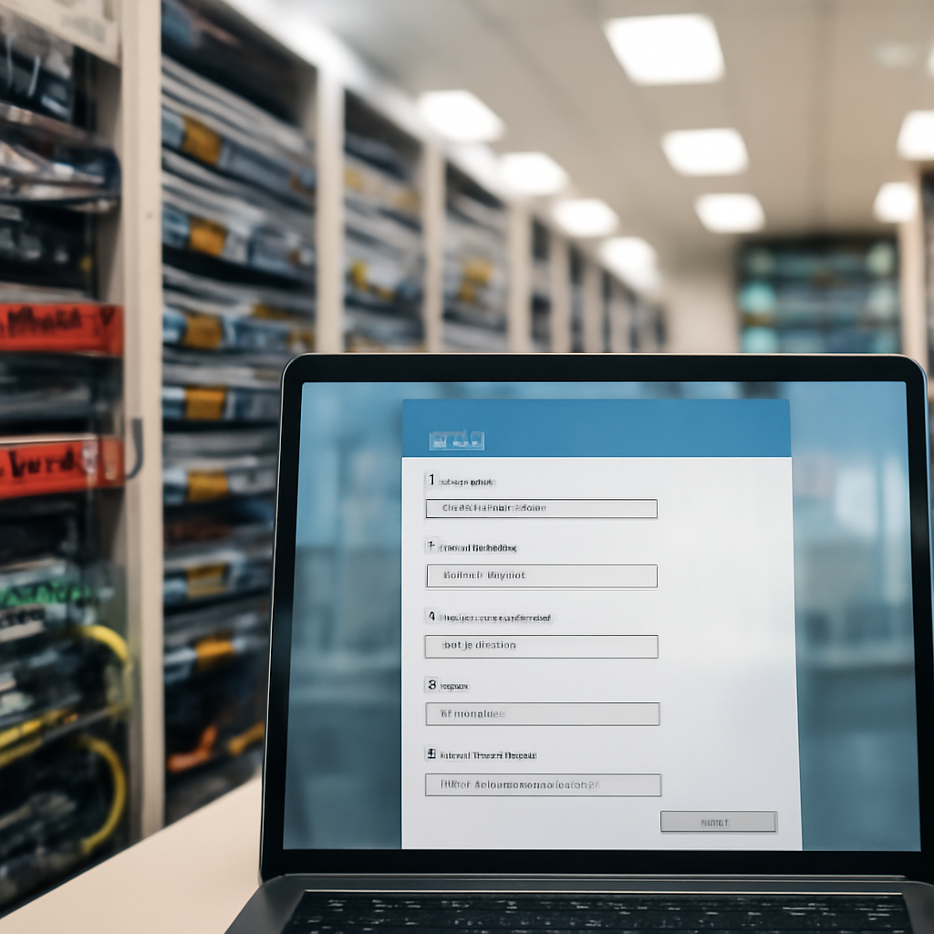 Network equipment and servers in a brightly-lit IT hub with a laptop screen displaying a blurred VPN configuration in the…