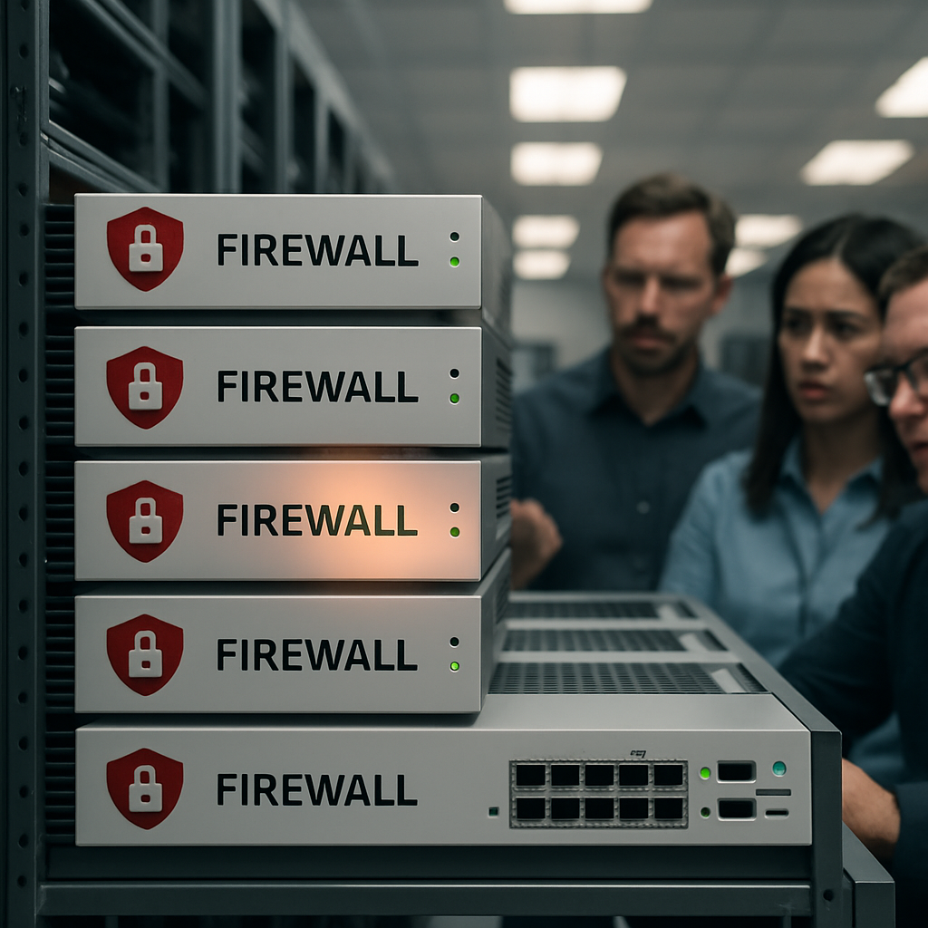 Technicians inspect network equipment with concern, one firewall section highlighted.