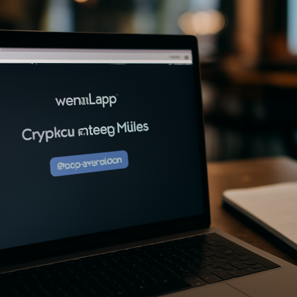 Laptop screen displays fake website with cryptocurrency wallet download button in dimly lit background.