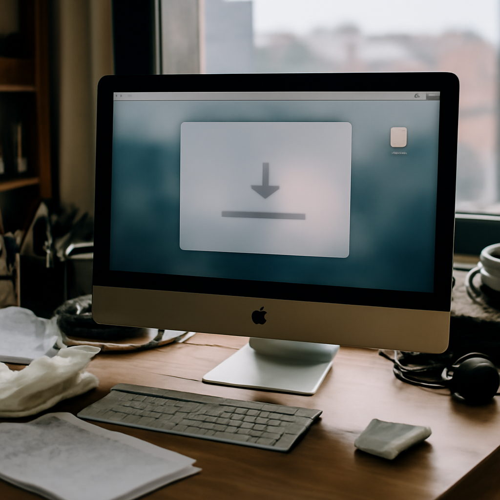 Cluttered home office workspace with Mac computer on desk displaying a blurred download page, with cityscape visible…