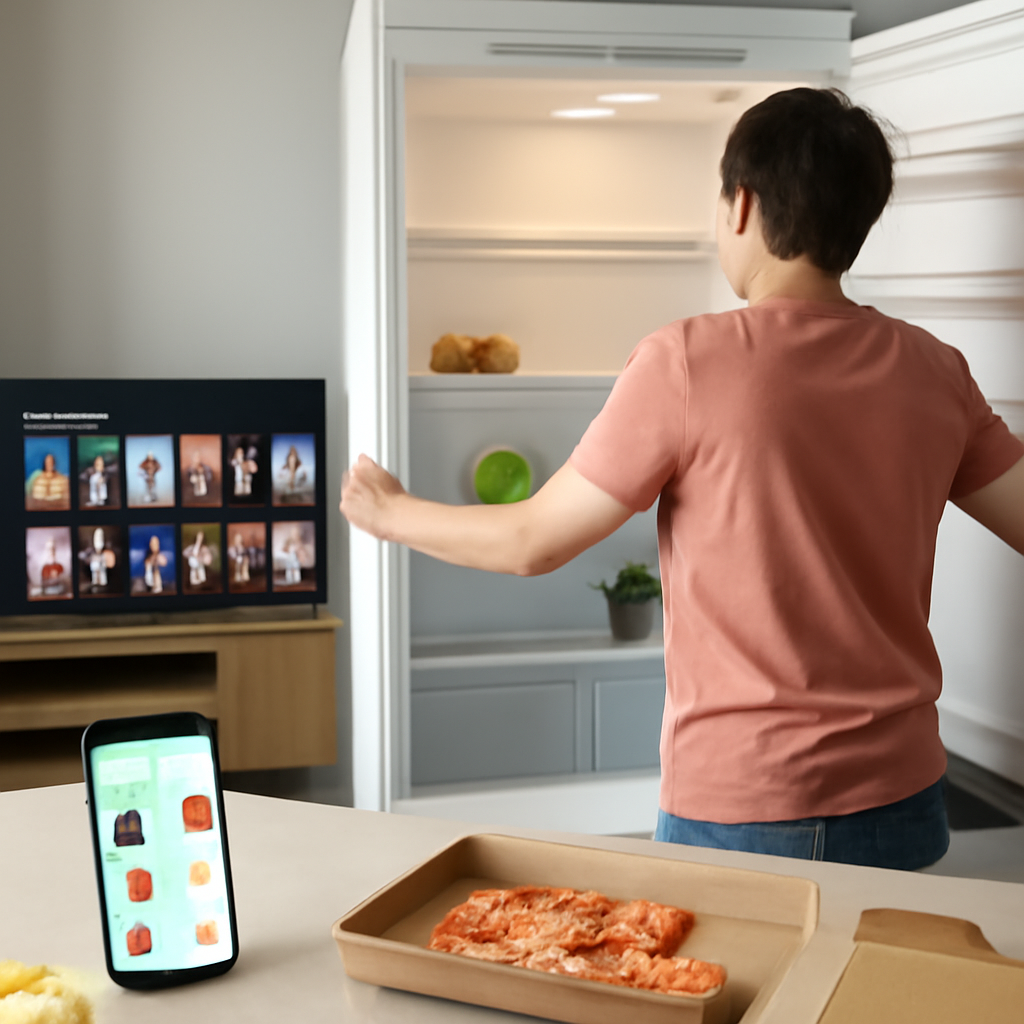 Person opening nearly empty fridge with phone on counter showing shopping app and TV in background.