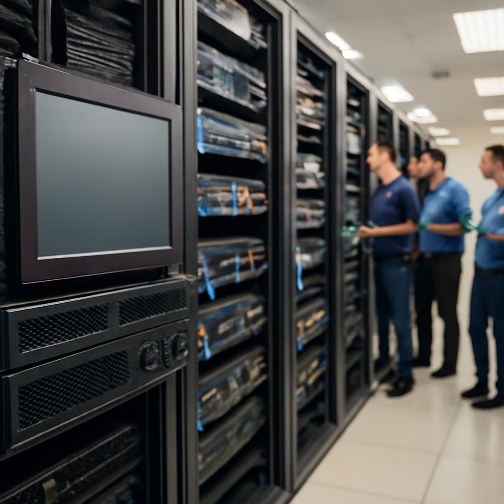 Server room interior with technicians in background and prominent server in foreground.