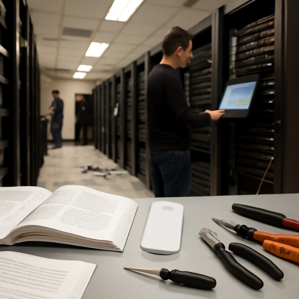 Technicians work in a network server room with rows of equipment racks and cables on the floor.