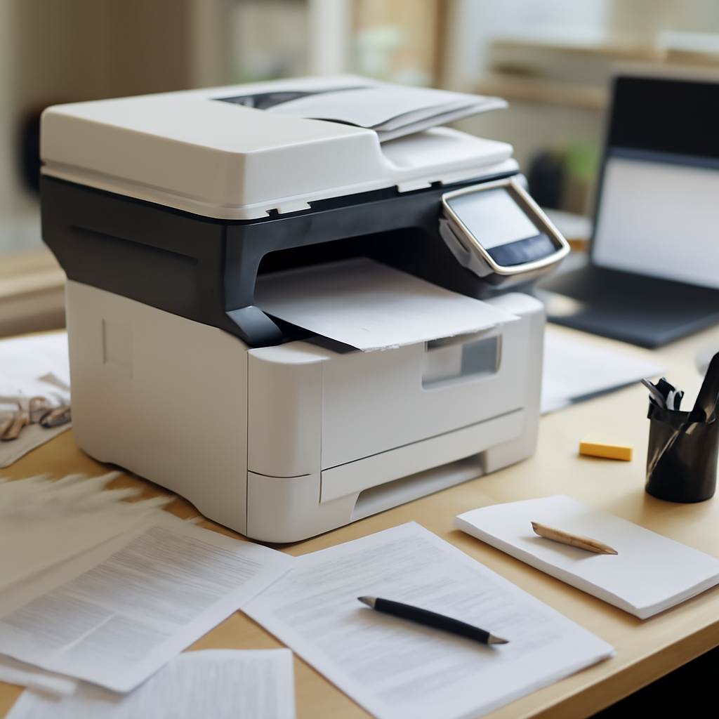 Networked printer sits on cluttered office desk surrounded by papers and computer equipment.