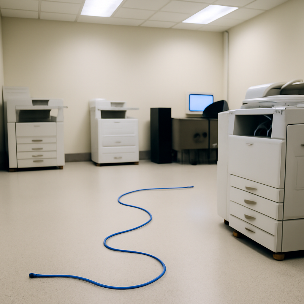 Office printer room with loose network cable on floor, hinting at security vulnerability.