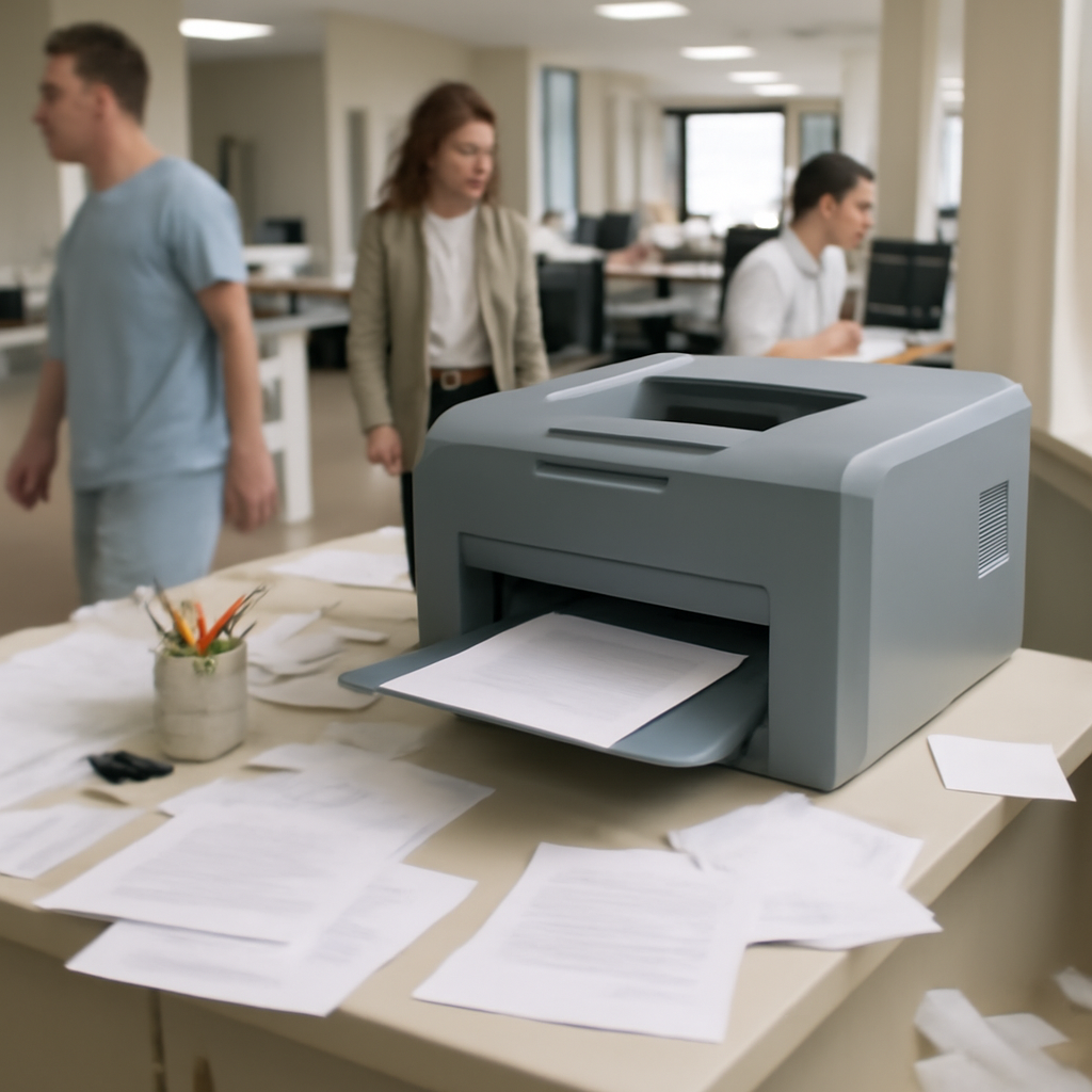 Busy office print room with scattered papers and supplies, printer on shelf, people in background.