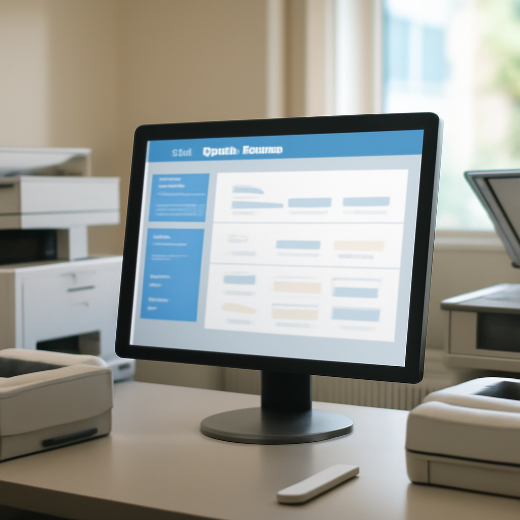 Office computer monitor displays print management software interface surrounded by office equipment.
