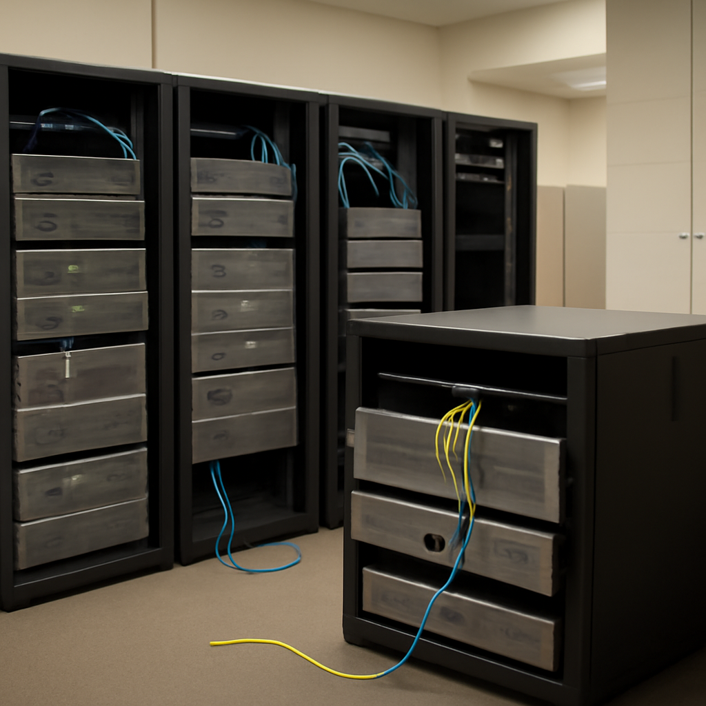 Rows of computer servers and network equipment in a brightly-lit office server room.