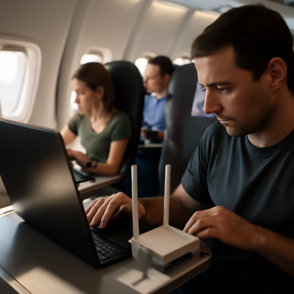 Passenger on commercial flight uses makeshift Wi-Fi router on laptop.