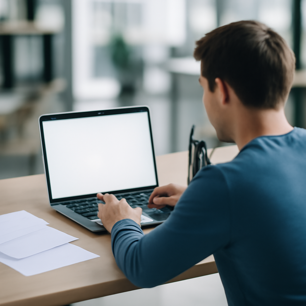Person working at modern office desk with laptop and papers.