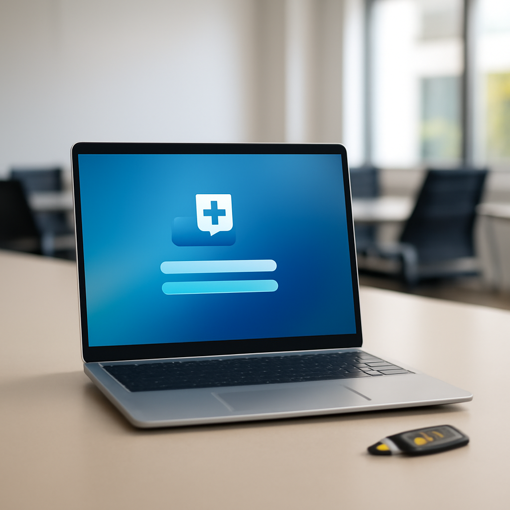 Windows laptop with login screen sits next to YubiKey device on a modern desk.
