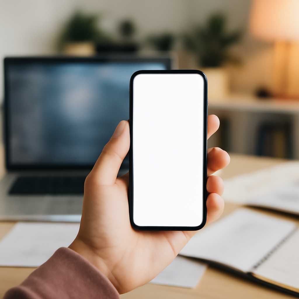 Person holding smartphone stands at cluttered desk with laptop and scattered papers, conveying everyday vulnerability to…