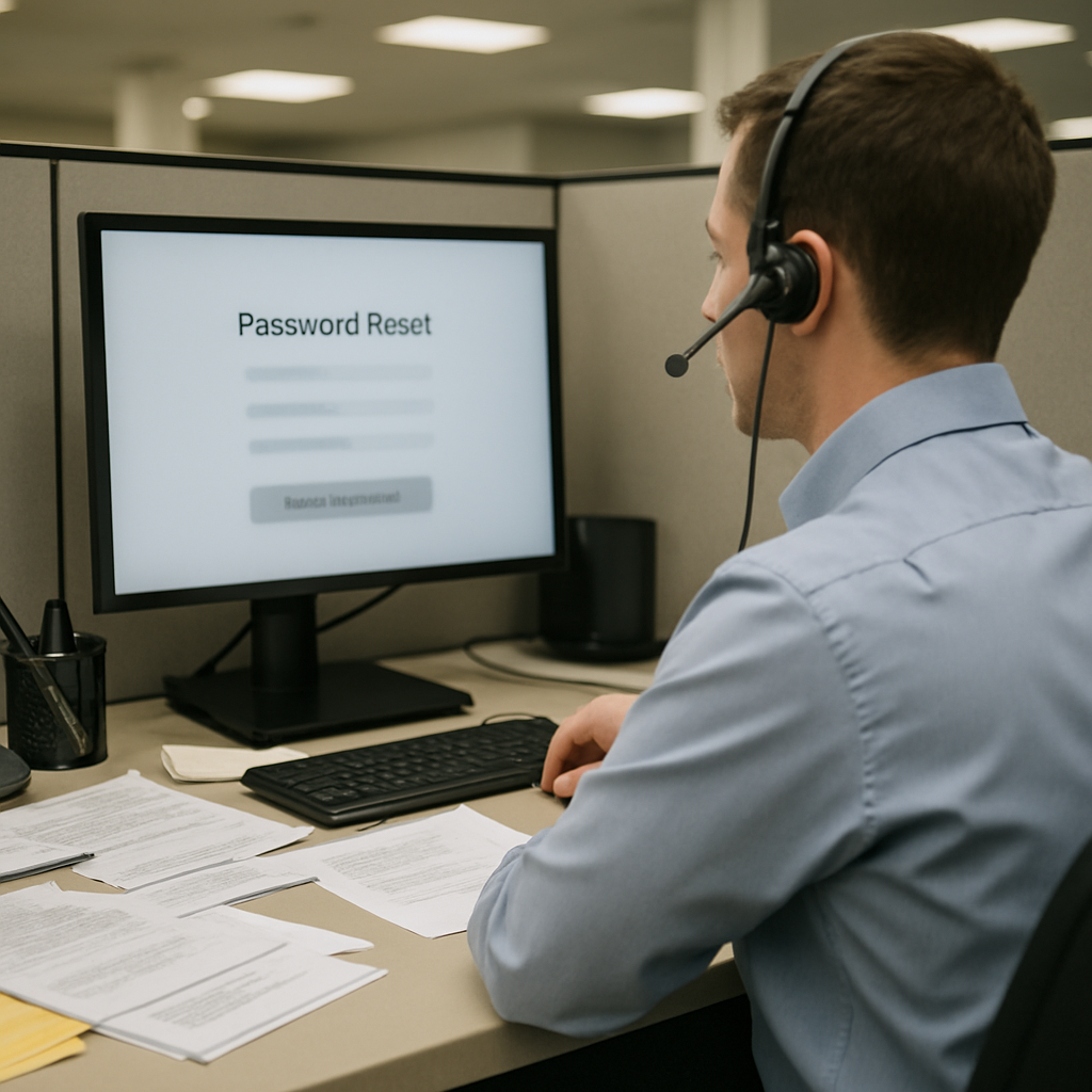 Helpdesk worker sits at cluttered desk, staring at computer screen with password reset page.
