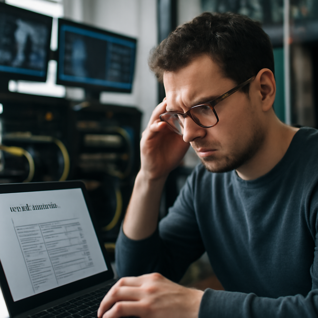 IT professional reviews patch deployment plan with concern on laptop screen.