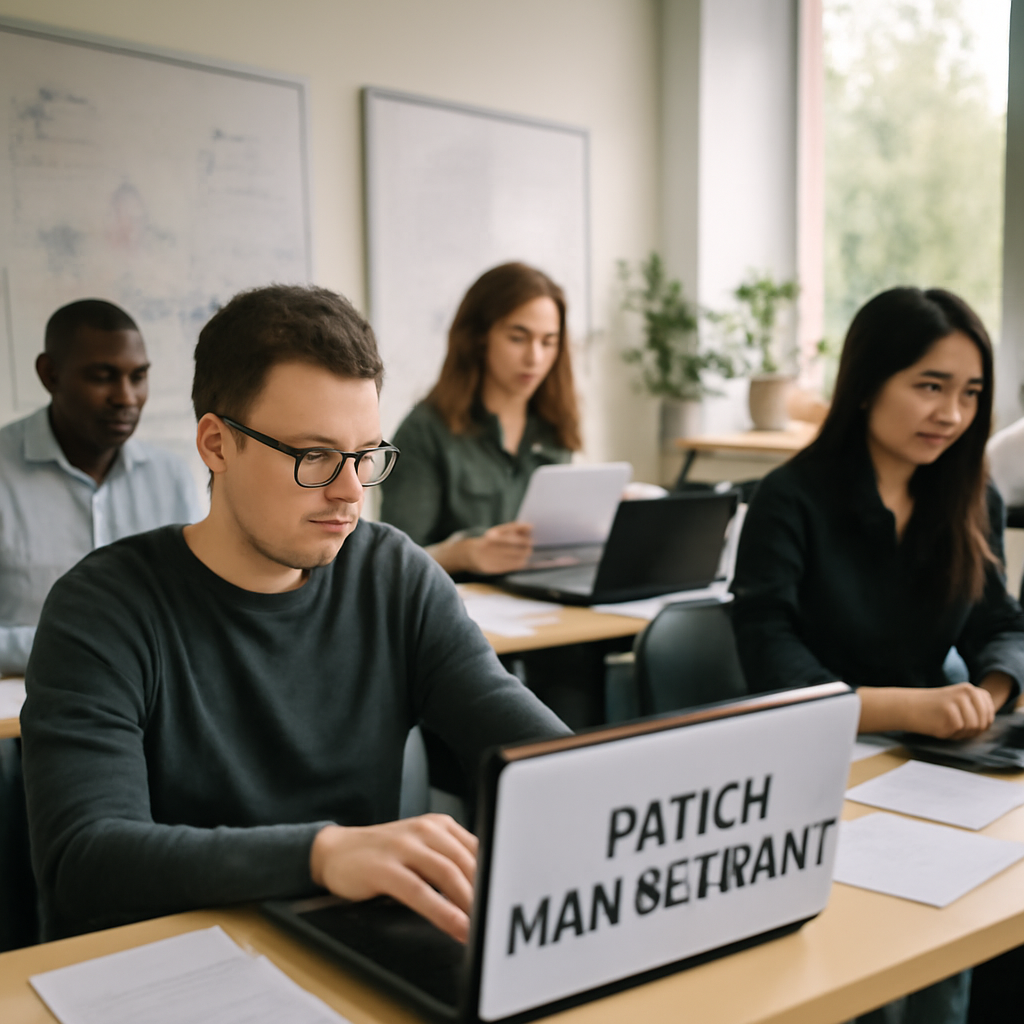 Cybersecurity team working at desks with laptops and papers in a brightly-lit IT operations room.