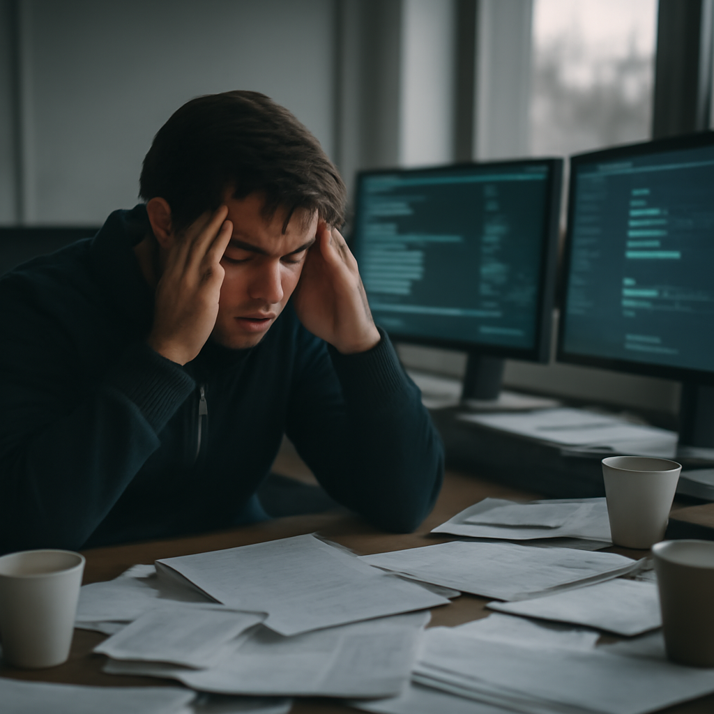Stressed cybersecurity professional sits at cluttered desk, rubbing temples amidst papers and computer screens.