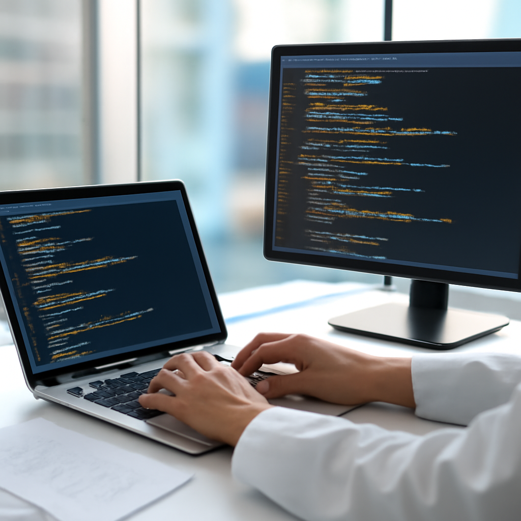 Modern computer workstation with code on screens in a bright research facility.
