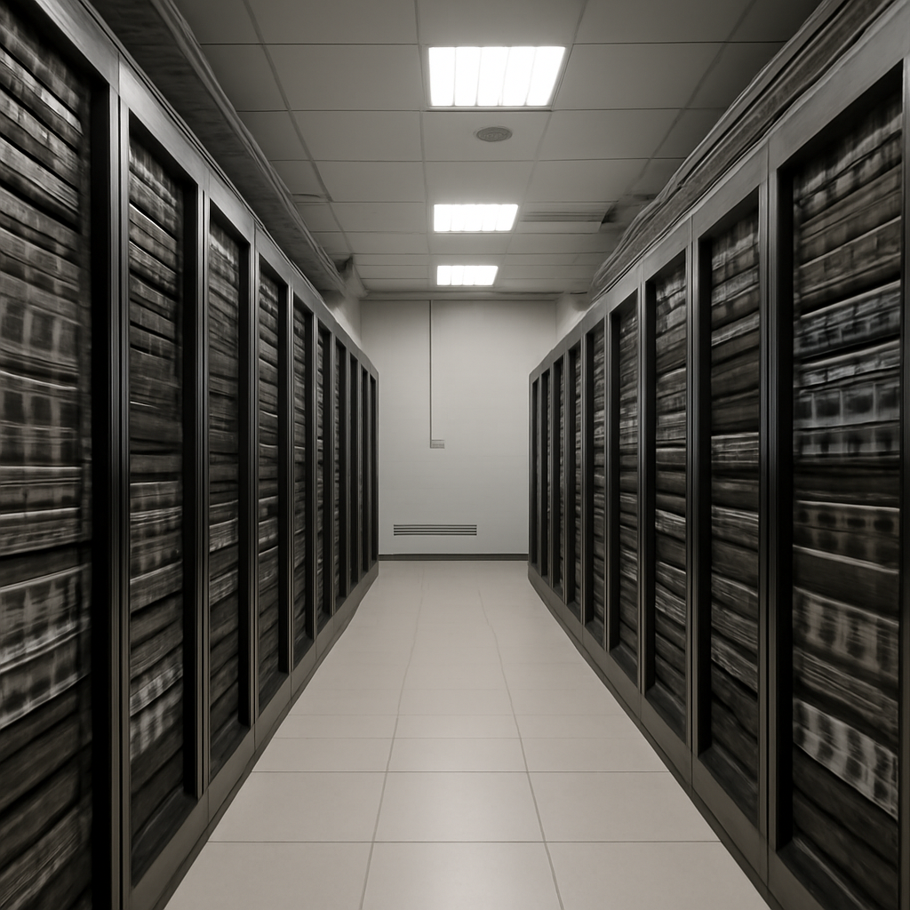 Rows of computer servers and storage equipment in a neutral-colored data center with industrial flooring and cable…