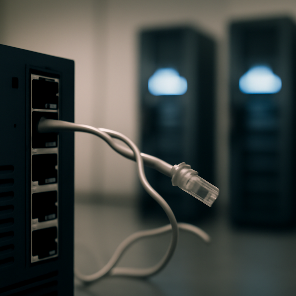 Server racks and cloud storage units in a data center with a hint of disruption.