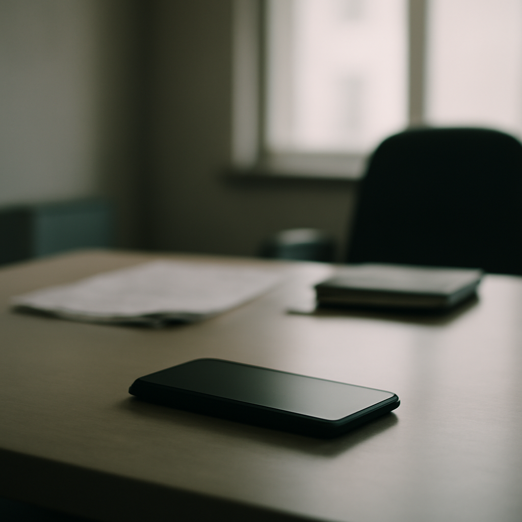A smartphone lies face down on a simple office desk surrounded by papers and a notebook, conveying vulnerability.