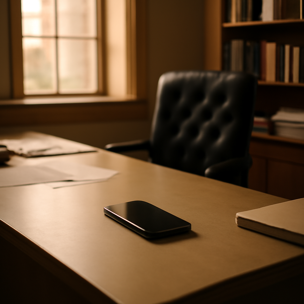 A tidy university office with an iPhone on a desk near a window.
