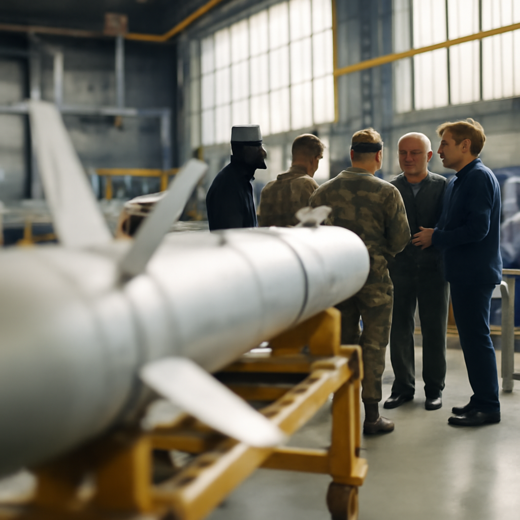Military facility interior with blurred missile equipment and natural light from a large window.