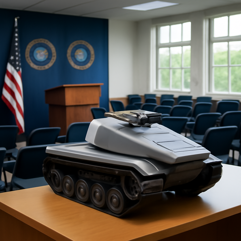 Military briefing room with robotic system model on display.