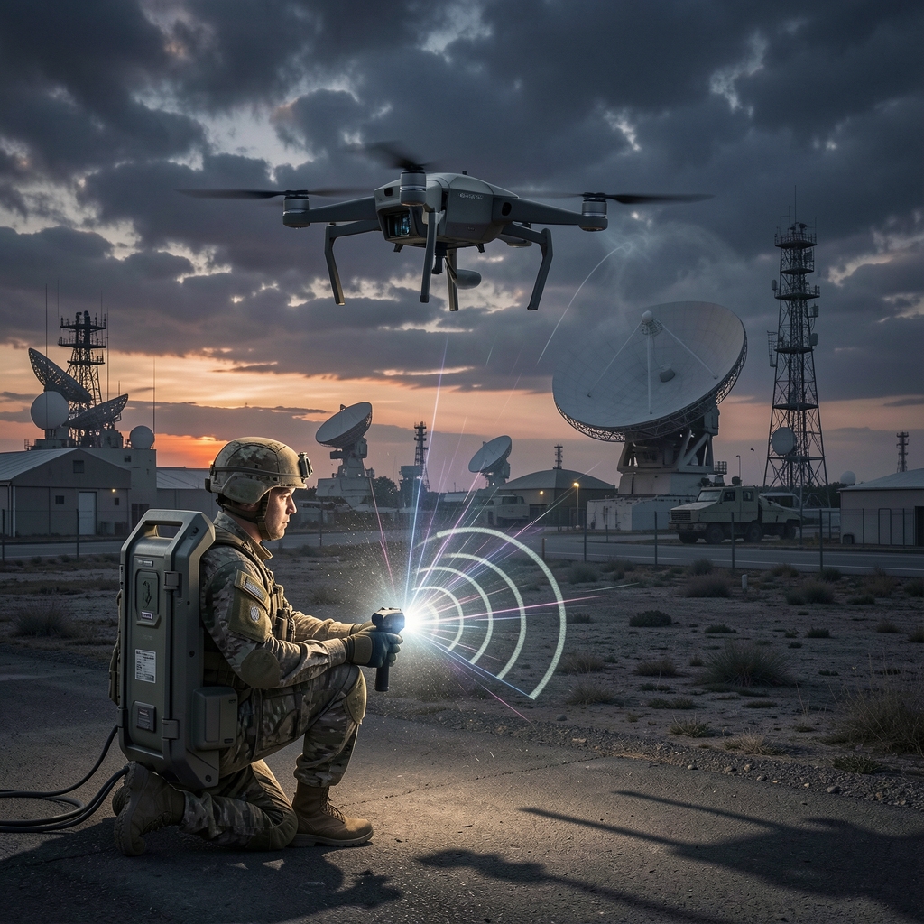 Soldier operates C-UAS system, tracking drone above military base at dusk.