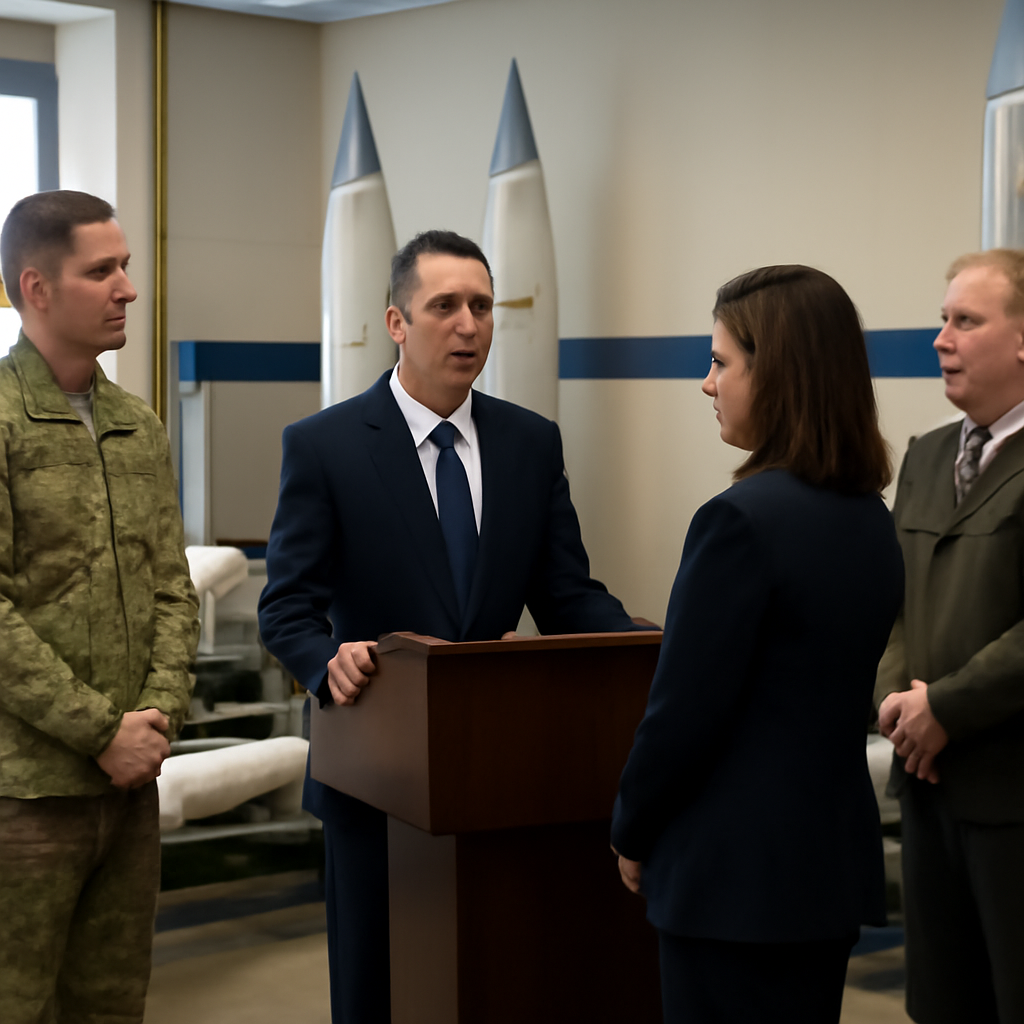 Military personnel in formal attire gather around a conference table with subtle hints of missile equipment.