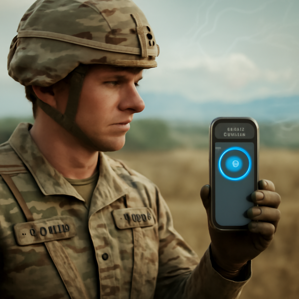 US military personnel holds handheld quantum sensor in field setting with landscape background.
