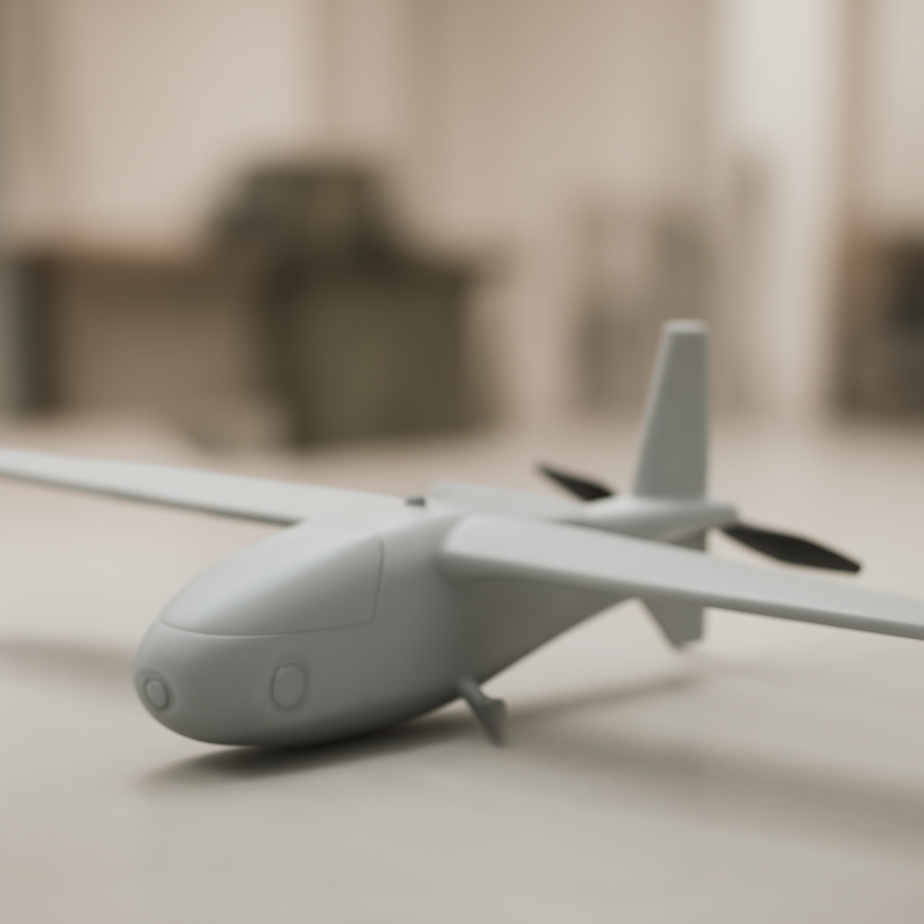Military personnel holds small attack drone with blurred base background.