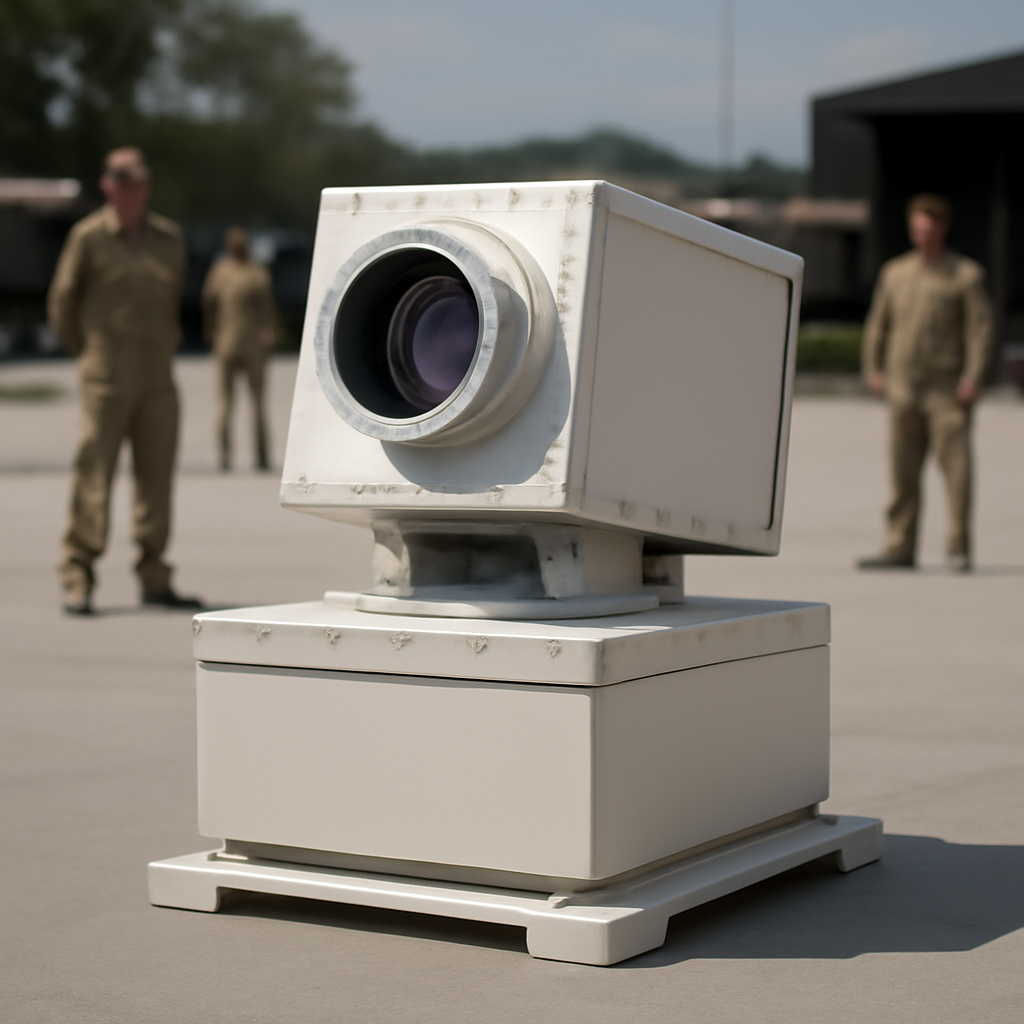 Directed energy system on a concrete surface with personnel nearby.
