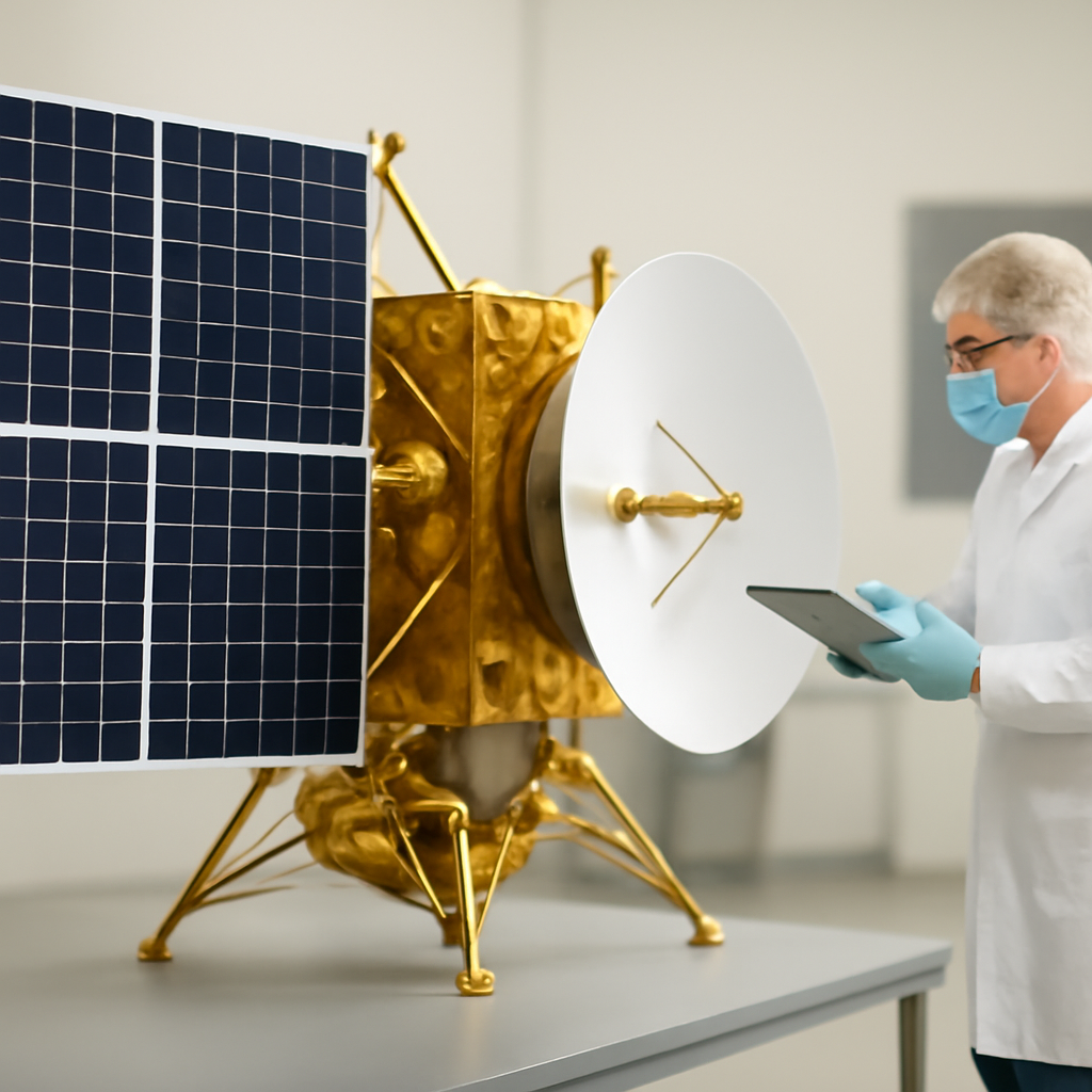 Technician in lab coat works with satellite component on clean surface.