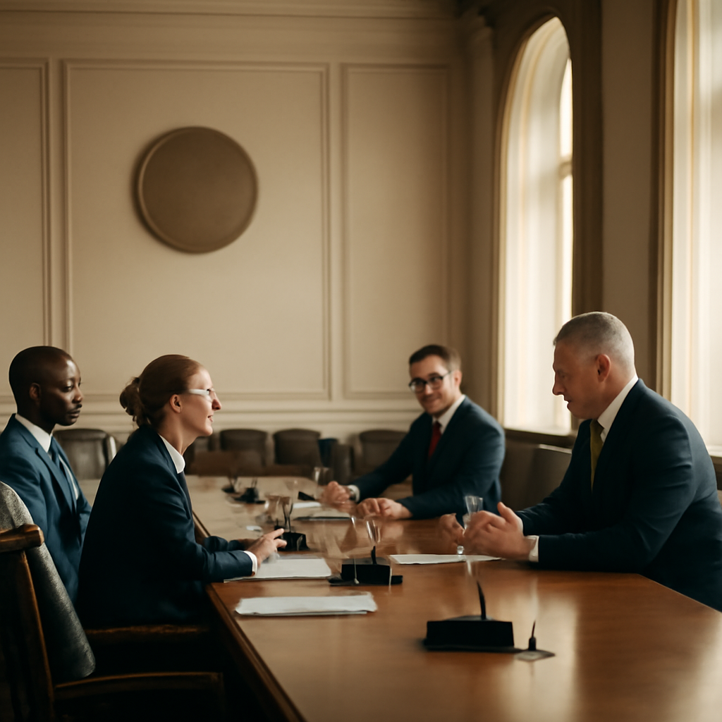 Meeting room interior with people seated at a long conference table in soft, natural light.