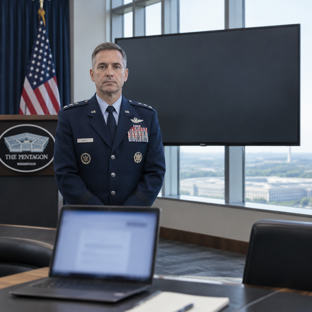US military officer stands in Pentagon briefing room with neutral expression.