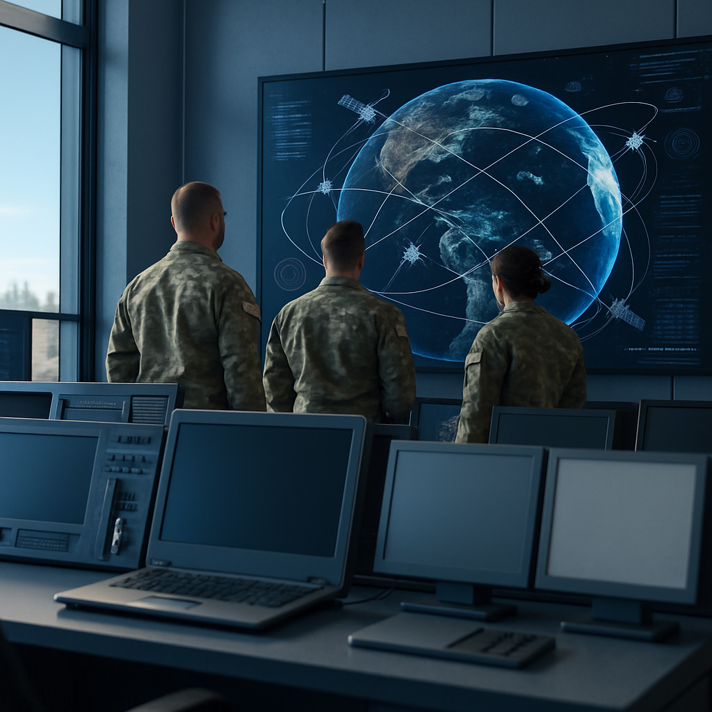 US military personnel work at a console in a satellite control room overlooking a clear blue sky.
