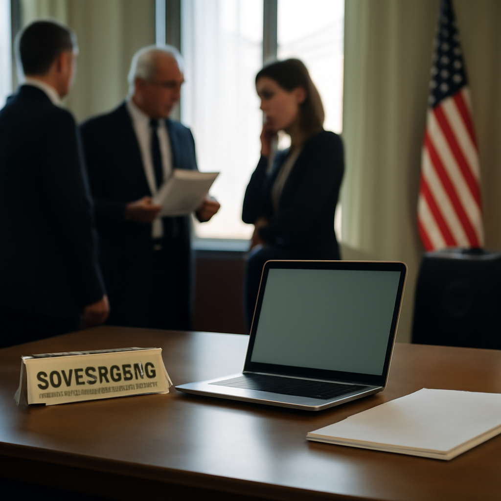 Government office workspace with laptop and documents, hinting at potential conflict of interest.