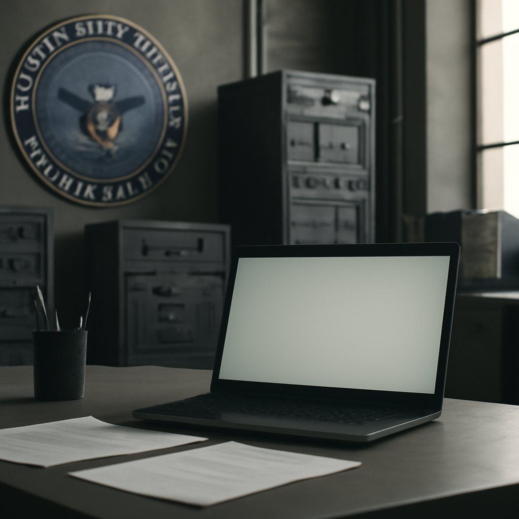Defense Department office interior with laptop and papers on a desk, surrounded by technical equipment under soft daylight.