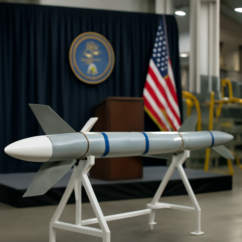 Missile model on display in a defense facility with subtle US DoD connection.
