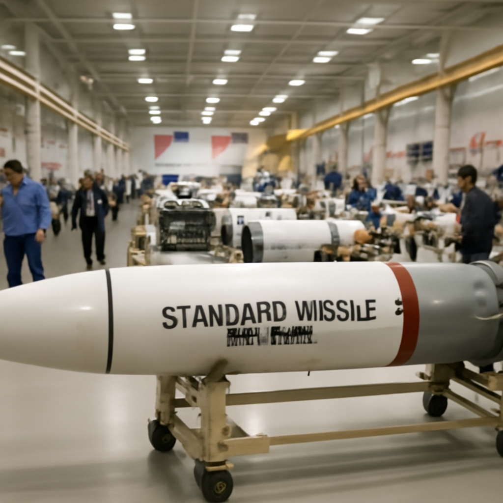 US defense facility showing missile production equipment and a Standard Missile-3 Block IB missile on display.