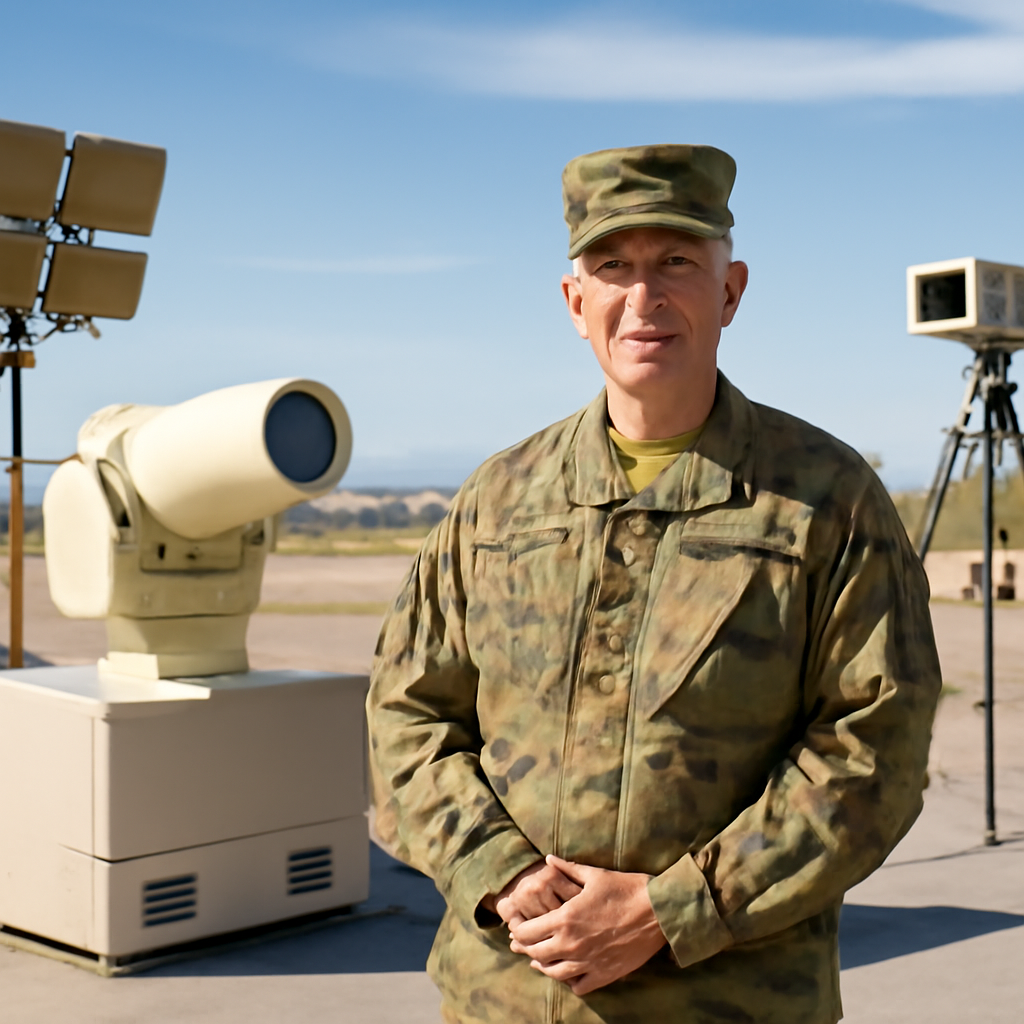 Brig. Gen. Matthew Ross surrounded by counter-UAS tech and equipment outdoors.