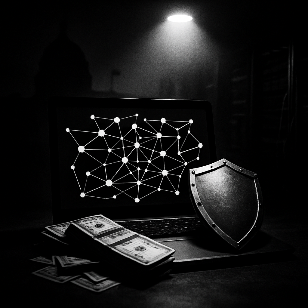 Laptop with network diagram surrounded by cash and shield in darkened room.