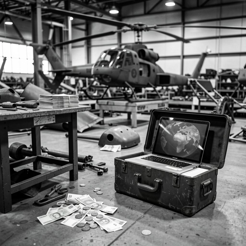 Helicopter factory assembly line with currency and parts scattered nearby.