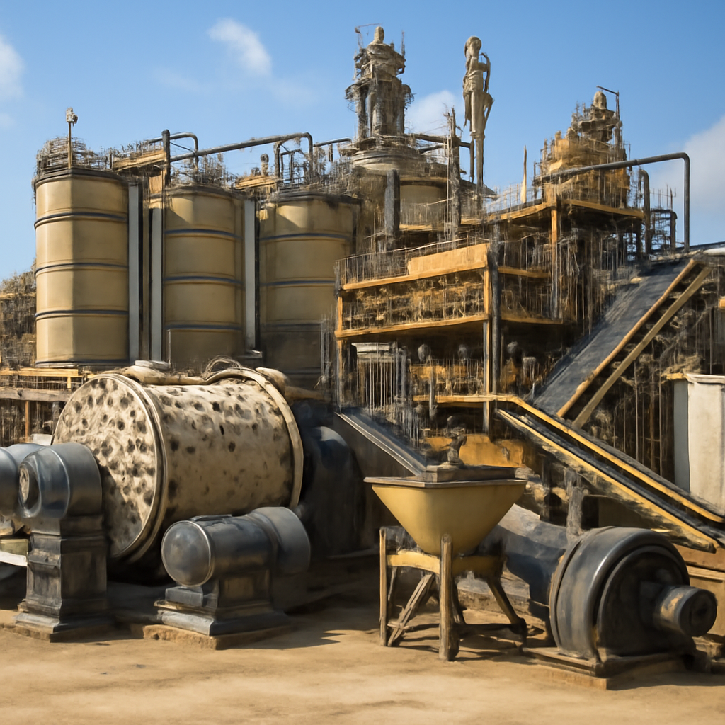 Rare earth processing facility with industrial equipment and heavy machinery.